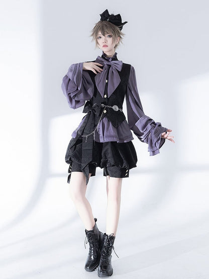 Sleeves Purple Neckline Bishop Poet Ruffle Blouse