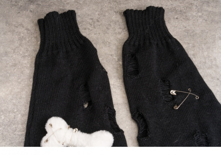 White Bones Distressed Holes Gothic Black Knit Leg Warmers