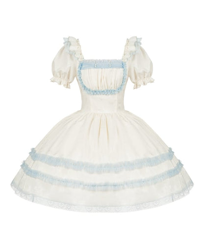Lolita Lace and Puff Sleeves Dress Neckline Light Square Beige Trims Short Blue