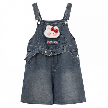 Heart Shorts Plush Kitty Denim Dark Blue Faded Buckle Wash Belt Overall with