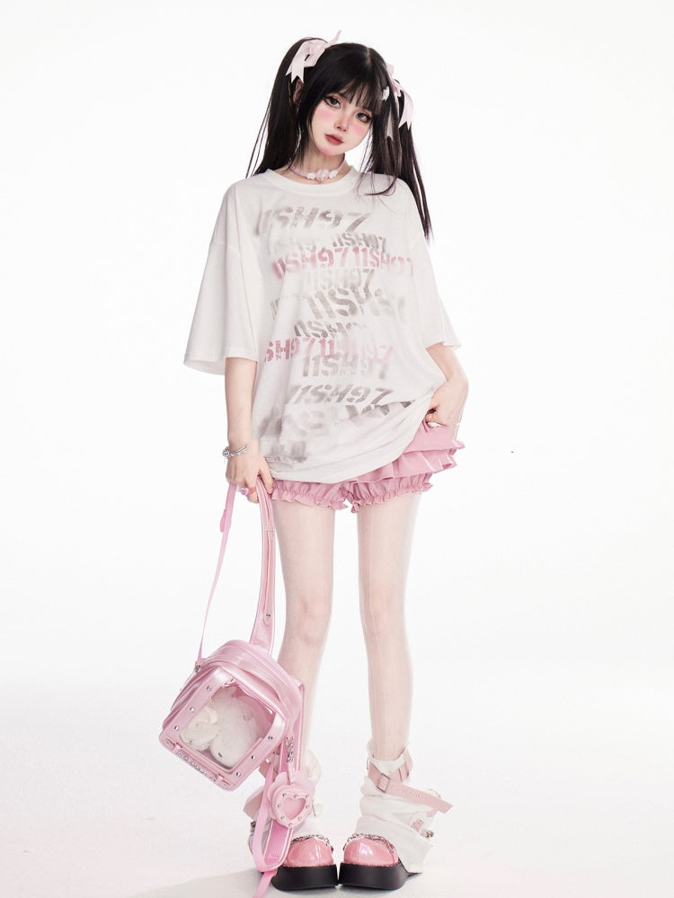 Oversized T-Shirt Neck Letter Print White Round