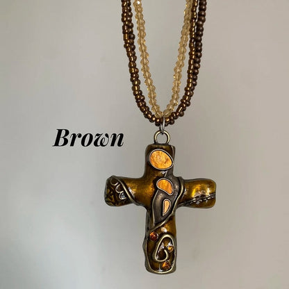 Gold/Brown Cross Pendant Triple Layered Beaded Necklace