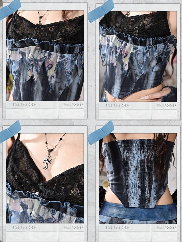 Grunge Punk Rock Fairy Blue Lace Cowl Neckline Boned Corset Tie Dye Cami Top