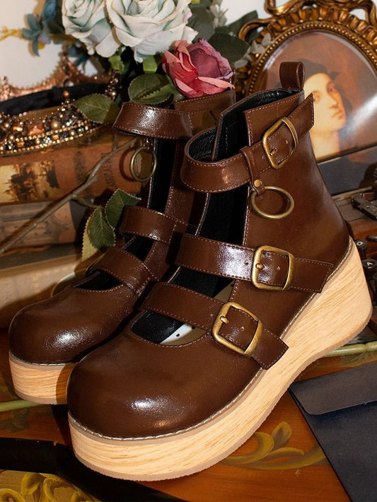- Sole Buckle cm Ankle 3–5 Grain 3 Brown Wood Boots Straps Wedge Platform Vintage