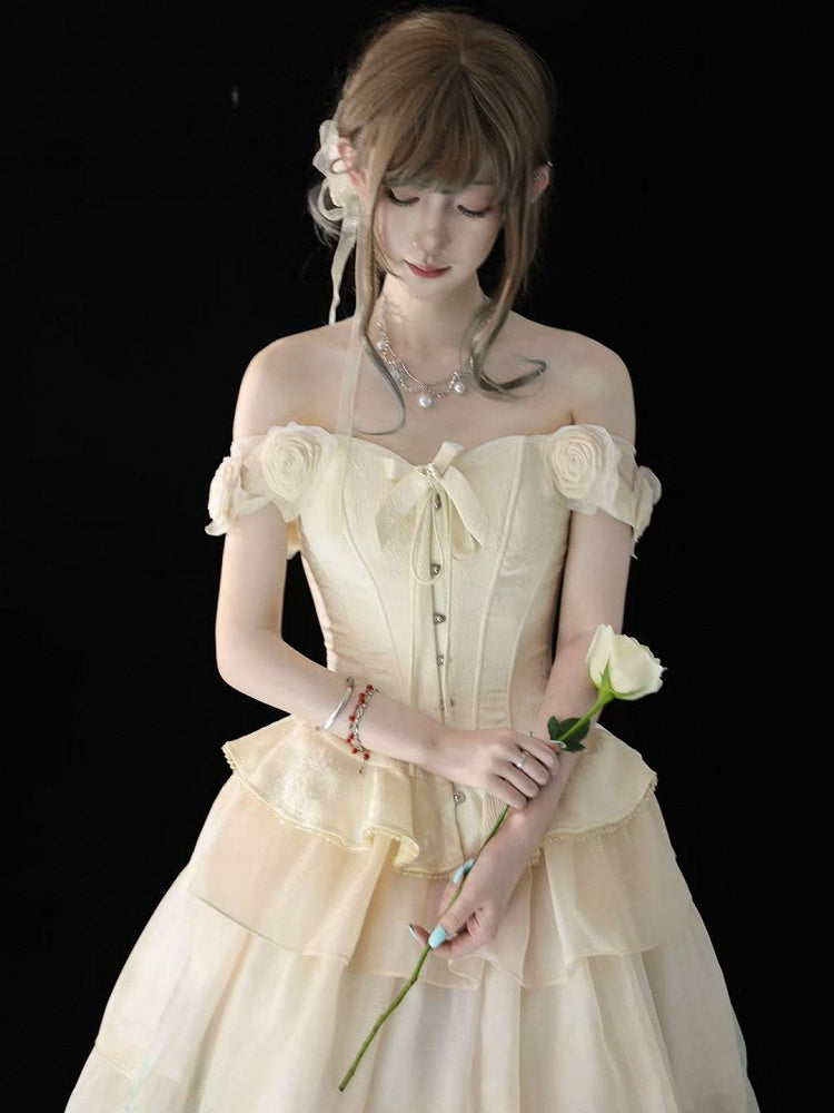 Lolita Accents Corset Rose Beige Jacquard Shoulder Top with