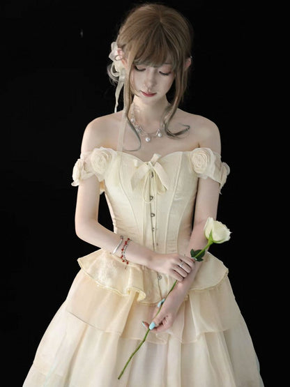 Lolita Accents Corset Rose Beige Jacquard Shoulder Top with