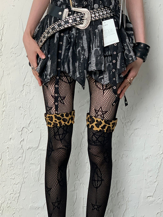 Black Cuffs Over-knee Pattern Y2K Stockings Semi-sheer Leopard