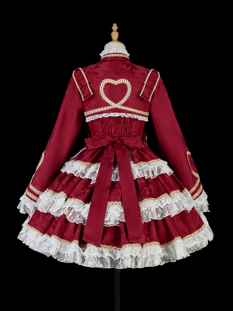 Red New Year Lolita Bows and Bead Chain  Waist Tiered Hem Jumper Skirt