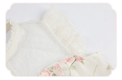 Dress Pink Print Rosette White Illusion Lolita Summer Neckline