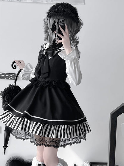 Black JiraiKei Two-Piece Set Sailor Collor Blouse High Waist Lace Trim Overall Dress