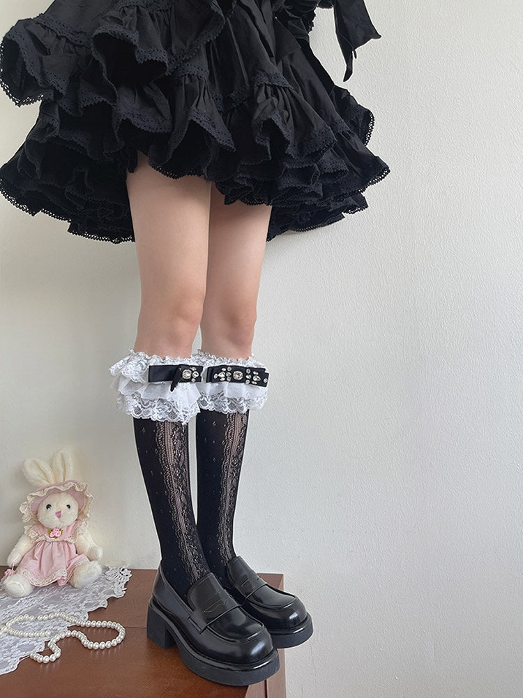 Underknee and Stockings with Edging Lace Hollow-out Decoration Rhinestone Black White