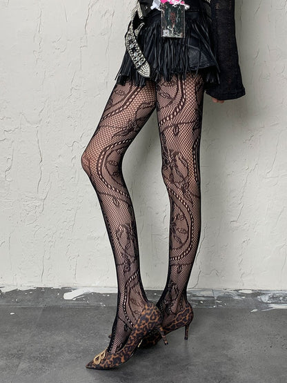 Black Y2K Floral Pattern Fishnet Tights