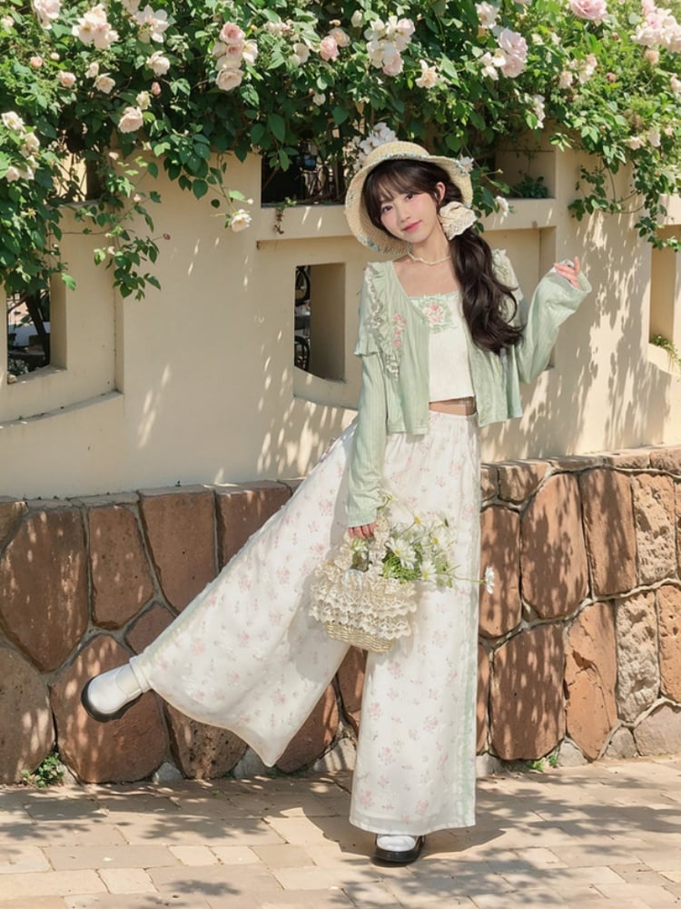Short/Regular Lace Trim Wide-Leg Pants Floral White Elastic Waist Ruffled Version