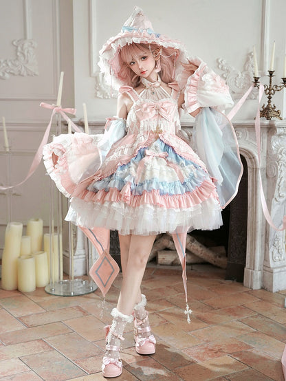 Robe Lolita taille haute rose et bleue, ensemble complet avec jupe et pull