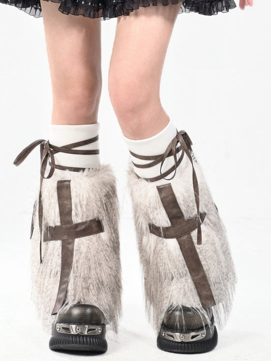 Coffee Gothic PU Cross Shaggy Leg Warmers