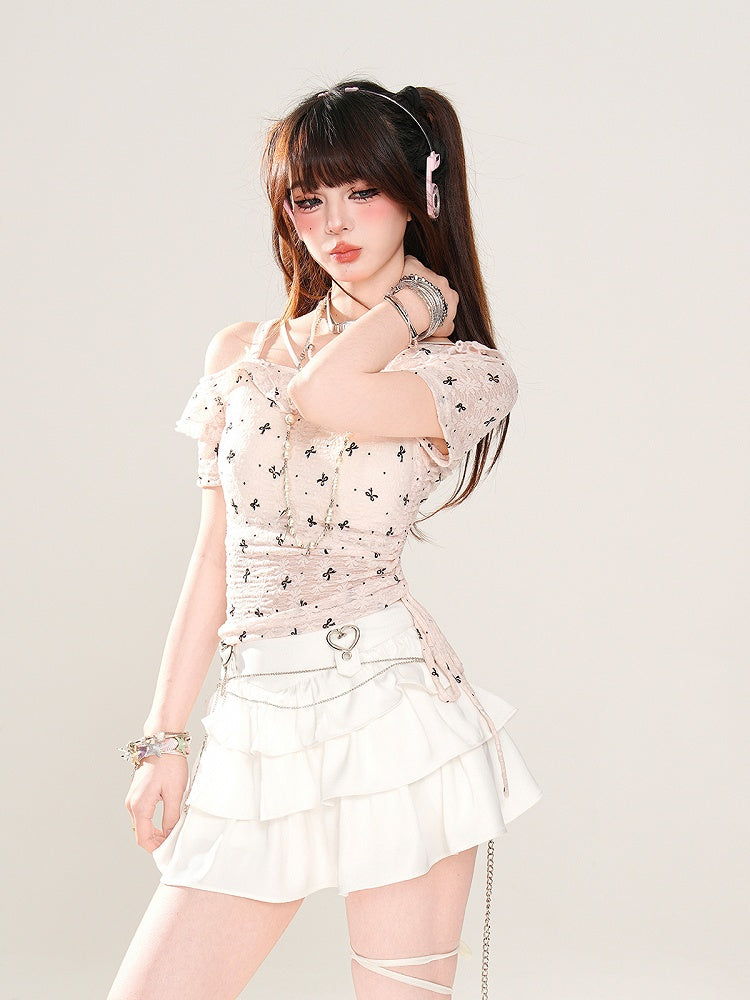 Asymmetrical Neckline Bow Print Drawstring Semi-sheer T-Shirt Pink Waist