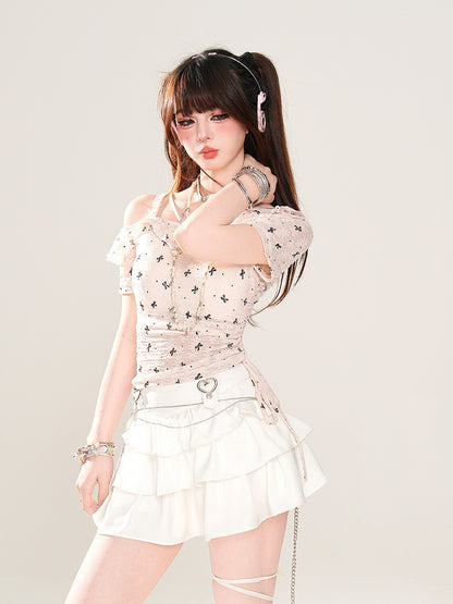 Asymmetrical Neckline Bow Print Drawstring Semi-sheer T-Shirt Pink Waist