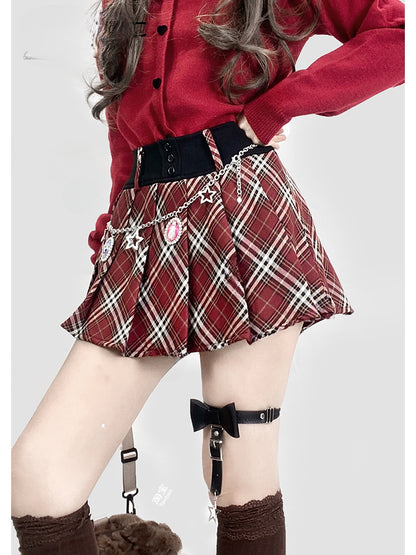 Wine Red Plaid Pattern Pleated Skirt