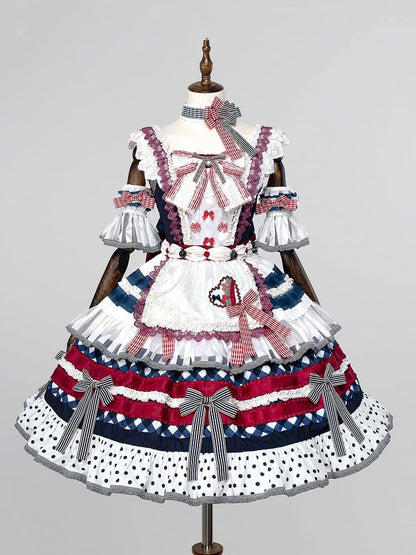 Sweet Bow Skirt Accents Dark Tiered JSK Lolita Full Blue Blueberry Red Set and Cake