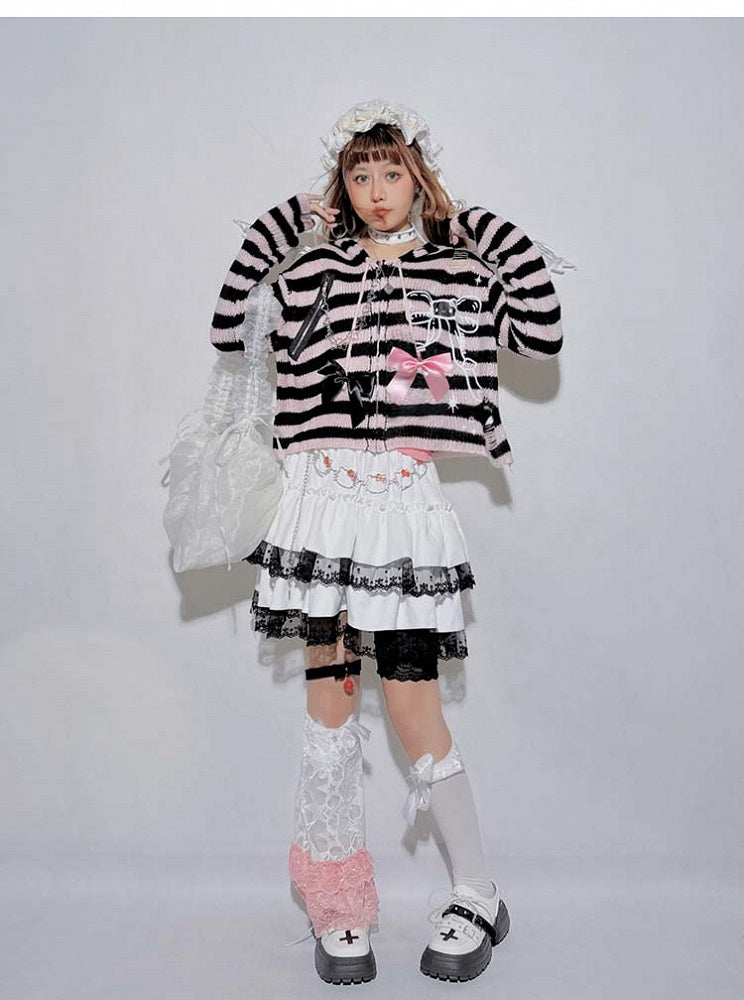 Pink&Black Striped Bowknot Heart-shaped Chain Knit Hooded Cardigan