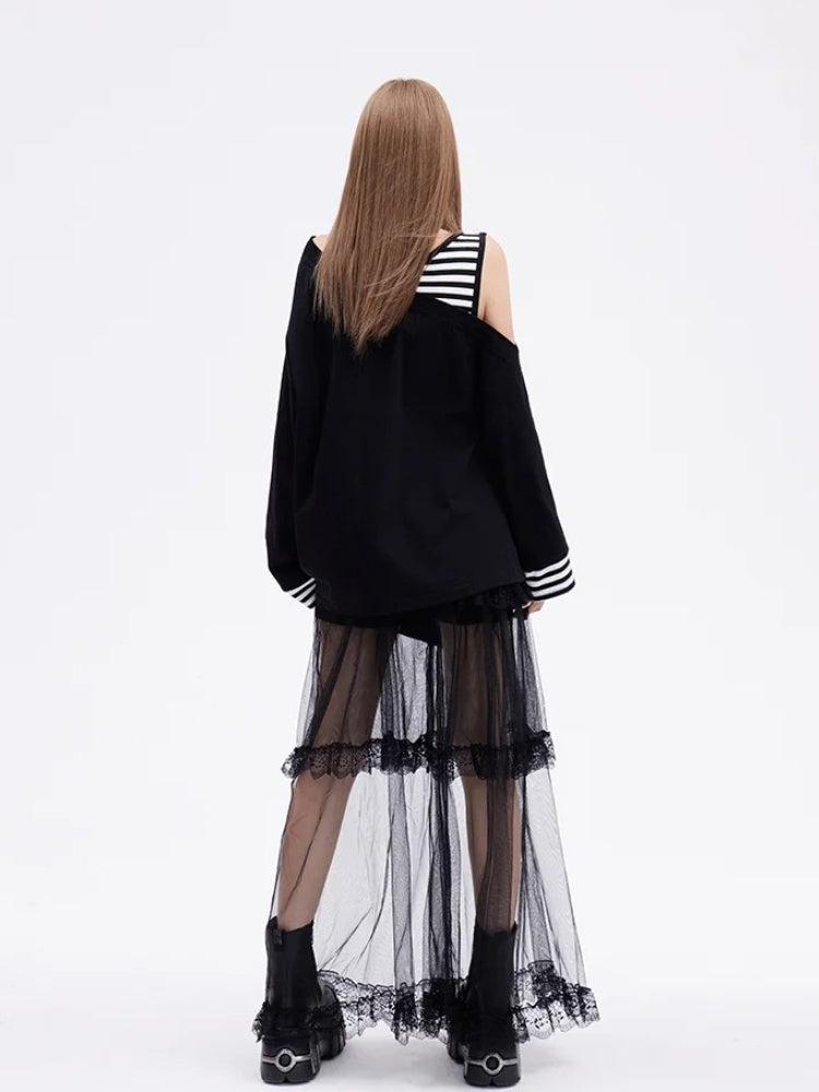 Print Skeleton Punk Top Faux Two-pieces Glamorous Black Asymmetrical Neckline and Hem