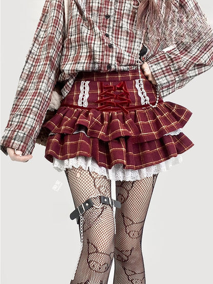 Red Plaid Pattern Lace Trim Tiered Skirt