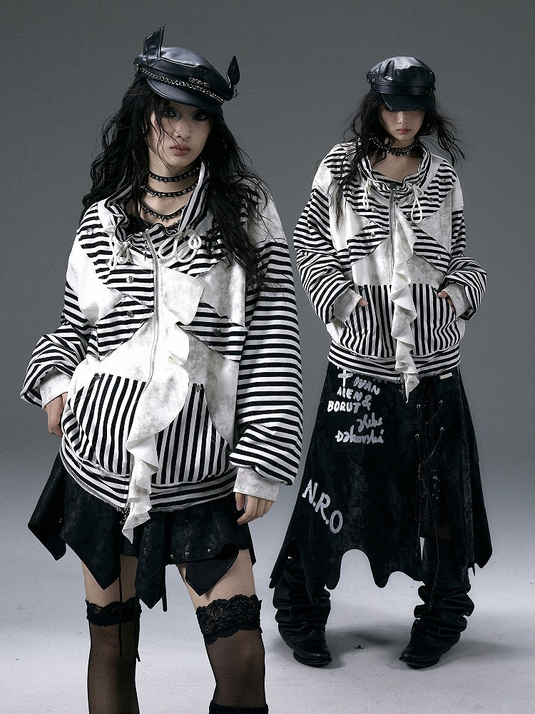 Black&White Stripe Pattern Jacket with Flounce Hem