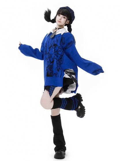 Punk Rock Girl Pattern Blue V-neck Sweater with Heart PU Buckle