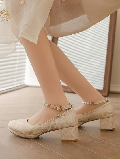 Beige Block Floral Janes Beaded 5cm Pattern Mary - Heel Lolita with Strap Qi Satin
