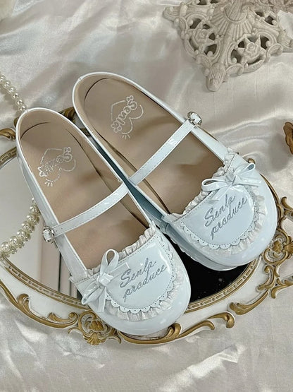 Trim Flats Toe Runde PU Rüschen Stickerei Brief Blau Baby Leder