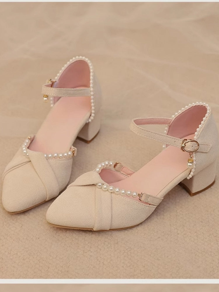 Beige Beads and Back Heel Suede Details Chain Qi Sandals Toe Detachable Lolita with Pointed Mid