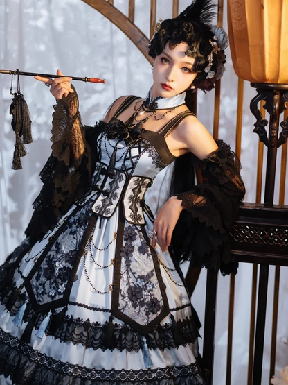 Robe élégante de style chinoiserie bleue et noire + ceinture corset à baleines + ensemble Qi Lolita JSK superposé à pompons