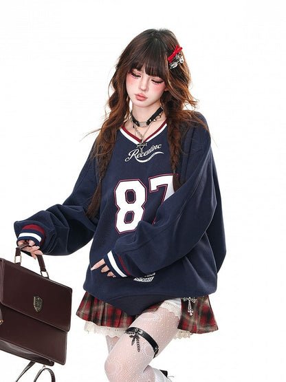 Apricot/Navy Blue V-Neck?Number Print Bittersweet Loose Sweatshirt