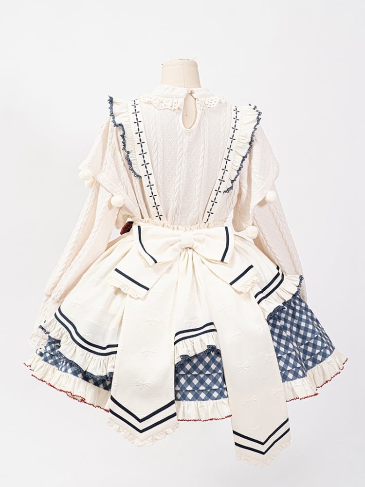 White Long Sleeves Knitted Top Apron Blue Plaid Pattern Skirt Sweet Lolita Full Set