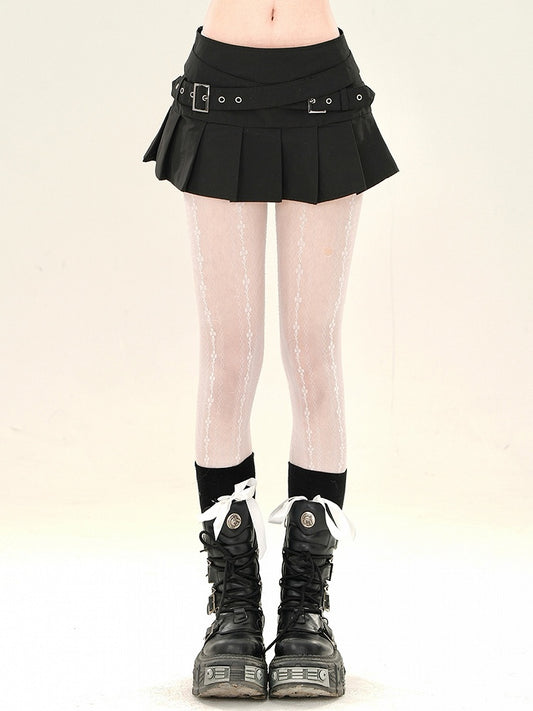 Black Buckle Skirt Straps Pleated Criss-cross Mini