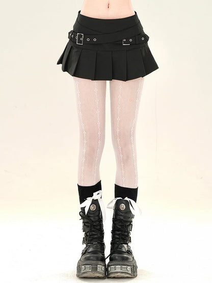 Criss-cross Mini Skirt Black Straps Buckle Pleated