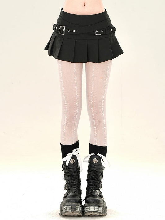 Straps Criss-cross Buckle Black Pleated Mini Skirt