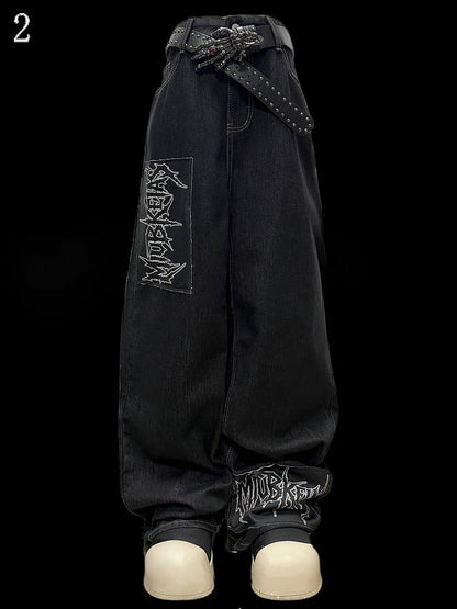 Dark Cut Applique Letter Jeans Blue Straight-leg