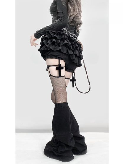Gothic Schwarz Y2K Hohe Taille Überkreuzter Oberschenkellang Glamourös Gefütterter Stufen-Skort
