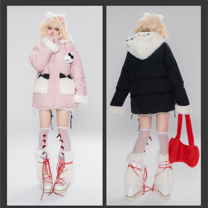 Pink/Black Kitty Adorned Hooded Puffer Jacket Plush Cuffs
