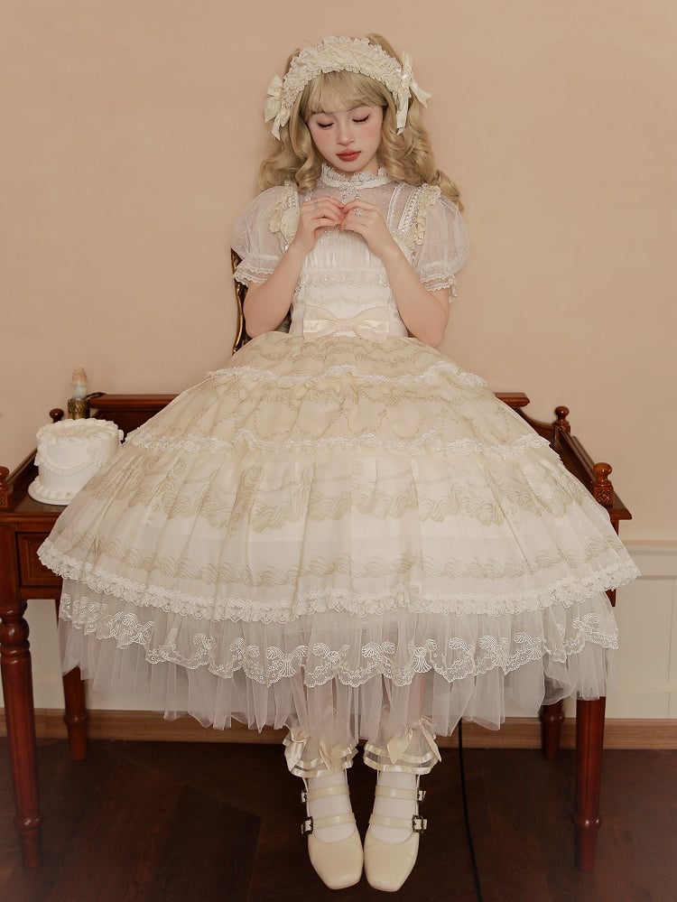 Cream Tiered Print Skirt Jumper Beads Lolita Neckline