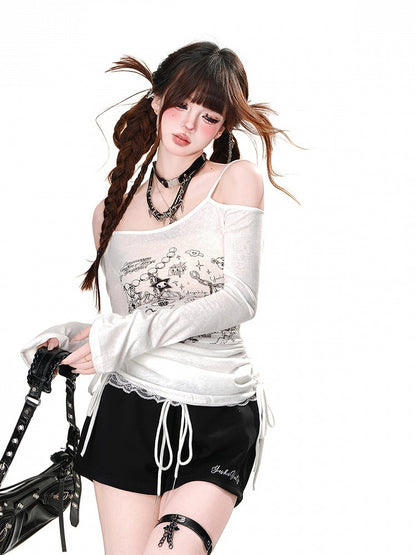 Drawstring Shorts Mini Waist Trim Lace Casual Wide-Leg Black