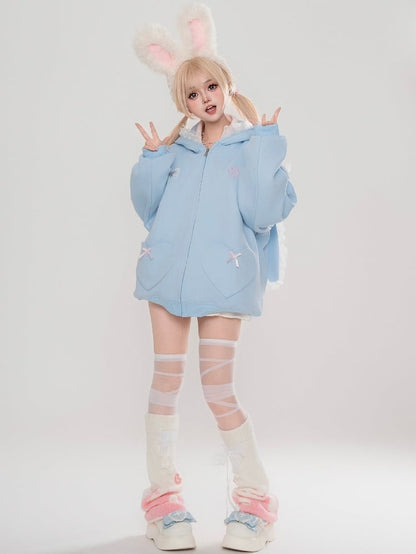 Light Blue/Apricot Bunny Ears Design Zip Hoodie with Lace Accents