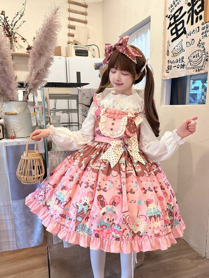 Print Sweet and Waist Dessert Lolita Bunny High Dress Pink