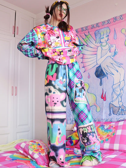 Pants And Flare Letter Cartoon Pattern Silhouette Y2K Colorful Plaid Print