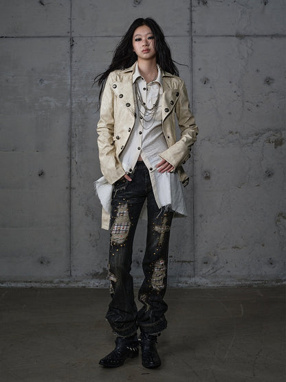Plaid Distressed Patches Jeans Hem Punk with Frayed Black Wash Cross