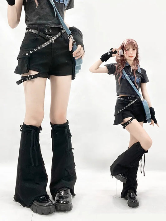 Pocket Black + Leg Star Warmers Denim Flared Design Cargo Shorts