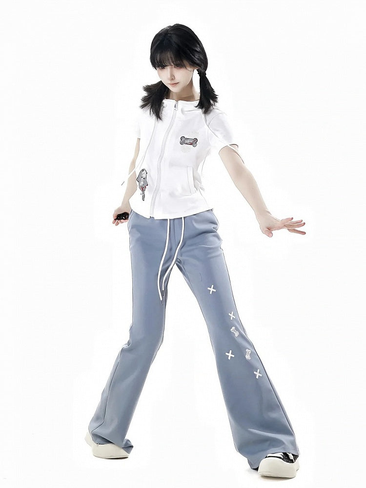 Bone Embroidery Drawstring Waist Flared Pants Black/Blue/Gray