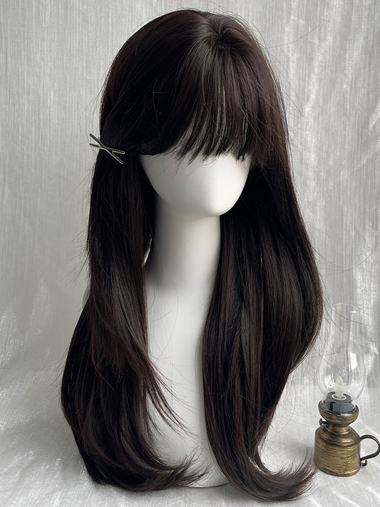 Black Tea Long Straight Synthetic Wig With Full Bangs