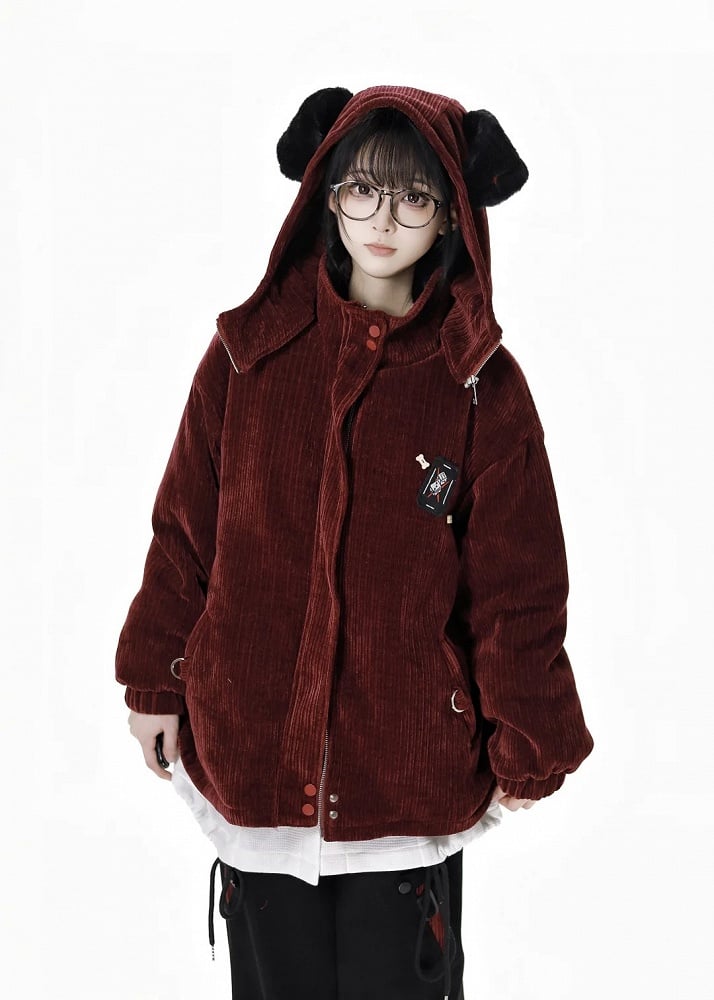 Wine Red High Neck Puppy Ear  Hooded Coat